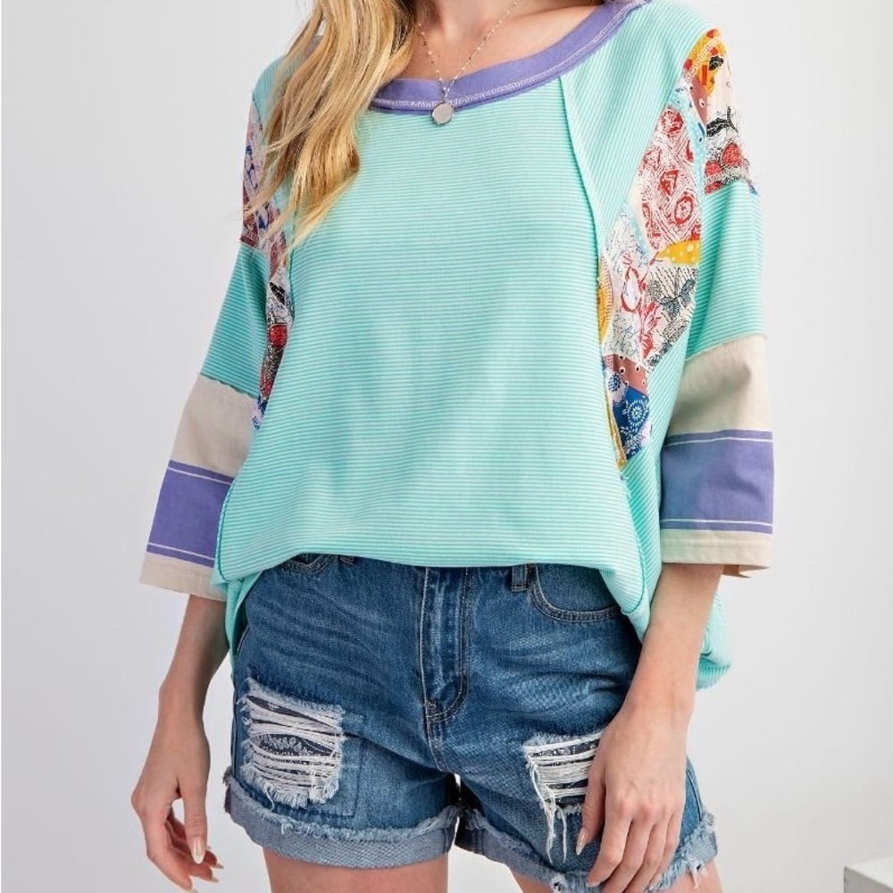 🔥🔥New BoutiquePin Stripe Mix Print Loose Fit Knit Top - Picture 4 of 5